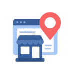 A flat-style digital icon showing a location pin connected to a web window, symbolizing Google Business or local SEO connection, in blue tones on a white background