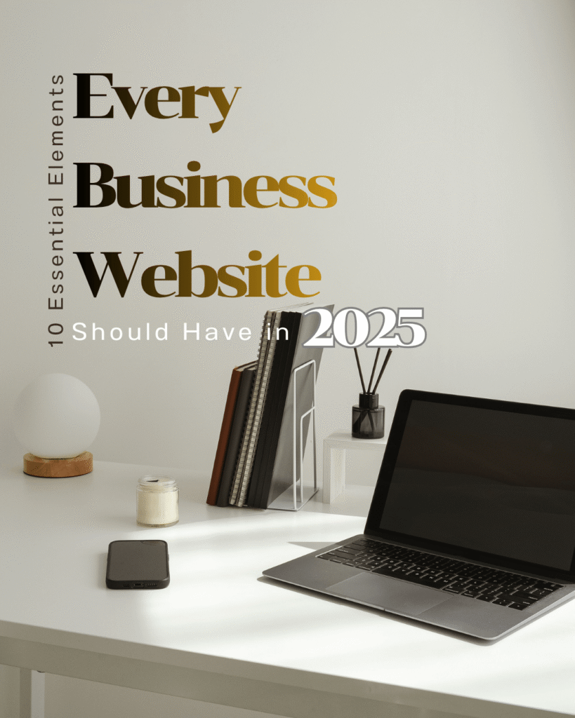 An organized desk with a macbook, shows a poster for 10 essential for a business website
