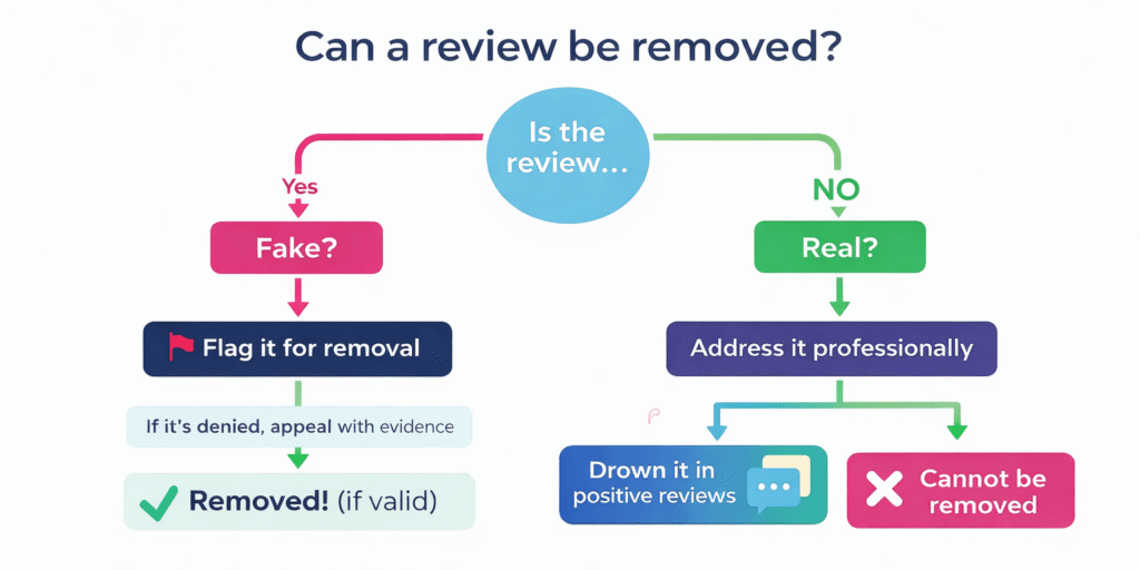 Flowchart infographic explaining whether a Google review can be removed. The chart asks “Is the review fake?” with a YES path leading to flagging and removal if valid, and a NO path for real reviews showing they cannot be removed and should be handled professionally by responding and generating positive reviews.