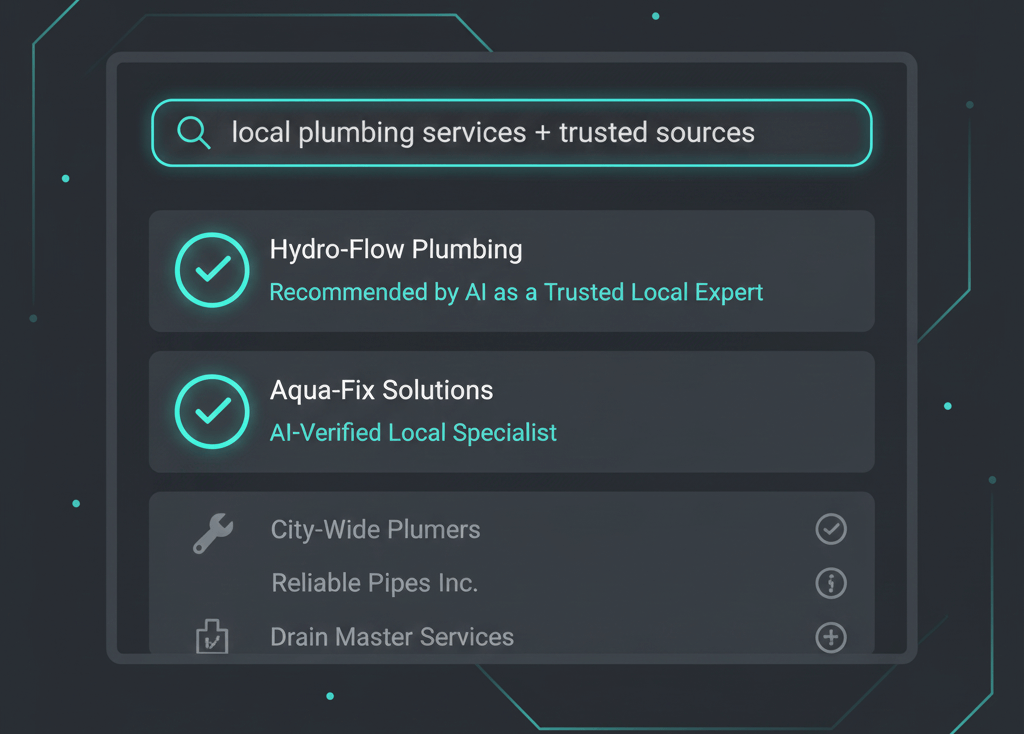 Editorial-style illustration of AI-generated search results highlighting mentions of a local business, symbolizing how AI-assisted search ranking and business citations influence SEO visibility in 2026