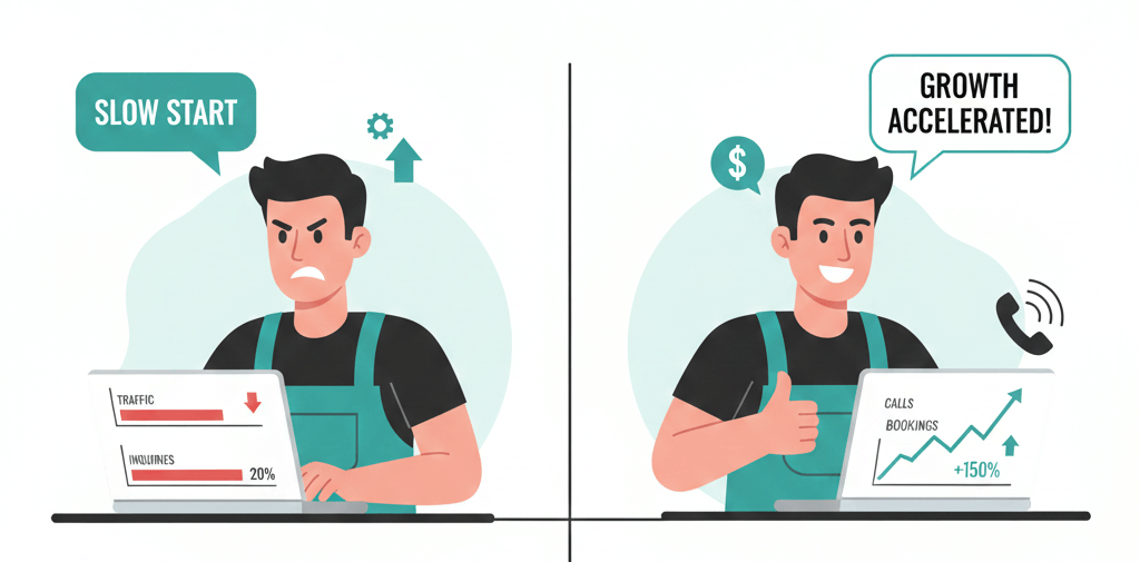 Split-screen illustration showing a frustrated home-improvement service provider looking at a laptop with flat SEO performance charts on the left, and the same person smiling with rising green graphs on the right, symbolizing the difference between failed SEO and successful SEO results.