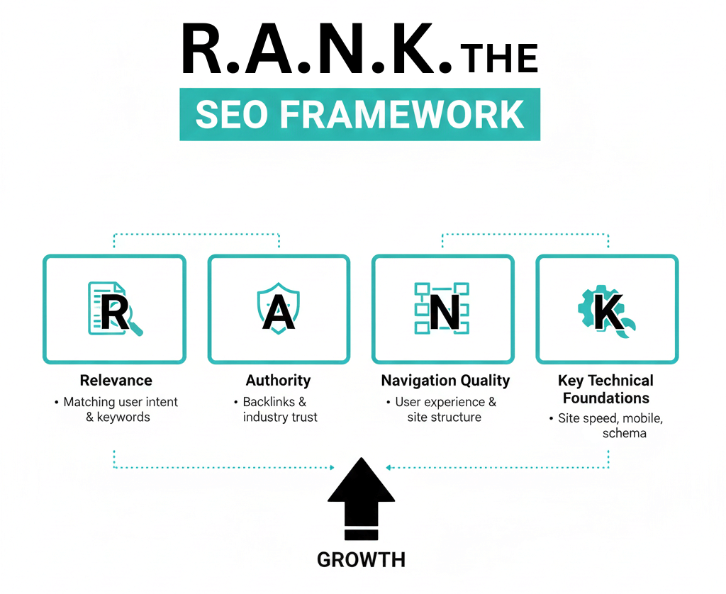 Modern infographic showing the R.A.N.K SEO framework — Relevance, Authority, Navigation Quality, and Key Technical Foundations — arranged in a clean layout with teal accents on a white background