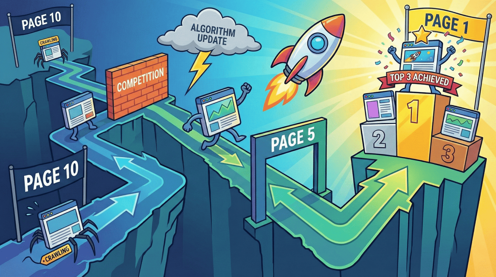Illustration showing the SEO journey from page 10 to page 1 in Google search results, highlighting competition, algorithm updates, crawling, and gradual ranking improvement over time