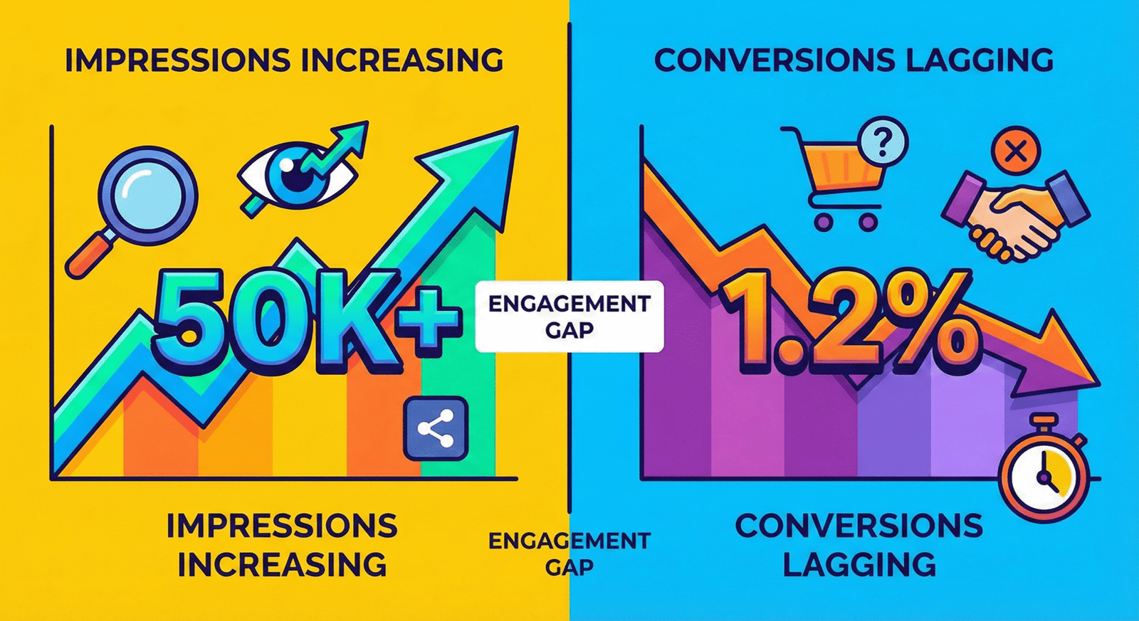 Chart comparing rising search impressions with low conversions, explaining the engagement gap and how much time does SEO take to turn visibility into real leads.