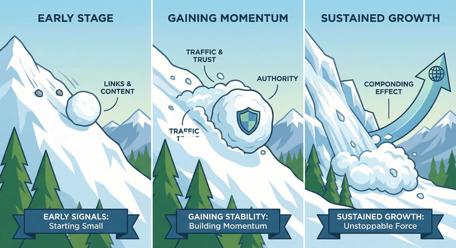 Visual representation of SEO growth stages, from early signals and initial links to gaining authority, trust, and long-term sustained organic traffic growth